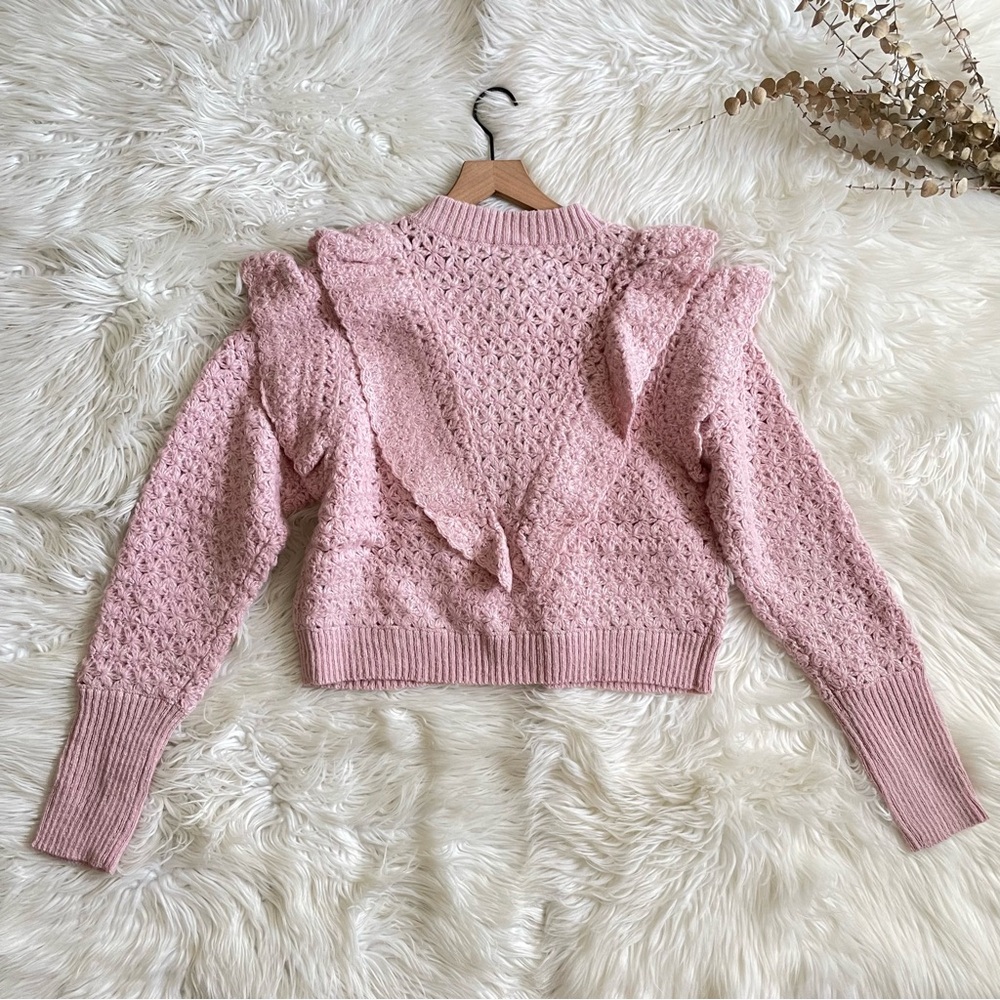Farm Rio Pink Flower Texture Crochet Knit Ruffle Cardigan Sweater NWT Small - Picture 13 of 16